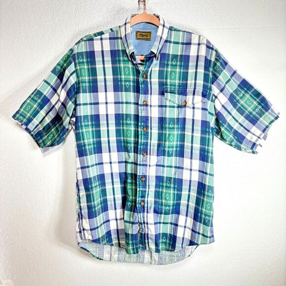 Roper Button Down Mens Medium 15.5 Short Sleeve Blue Green Plaid Shirt - Picture 1 of 7